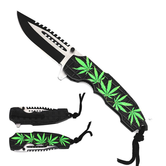 Rex Distributor KS 1979-MM 5-inch marijuana leaves assist-open tactical folding knife with paracord handle, spring assisted mechanism.