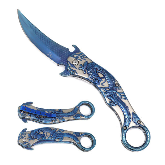 Blue Dragon assist-open folding knife with 5-inch trailing point blade, spring-assisted tactical knife by Rex Distributor, Inc.