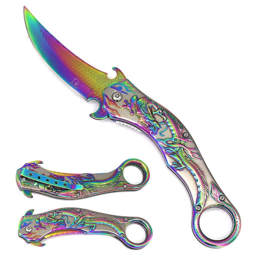 Rainbow Dragon assist-open folding knife by Rex Distributor, Inc., featuring a 5-inch blade and tactical spring-assisted design.