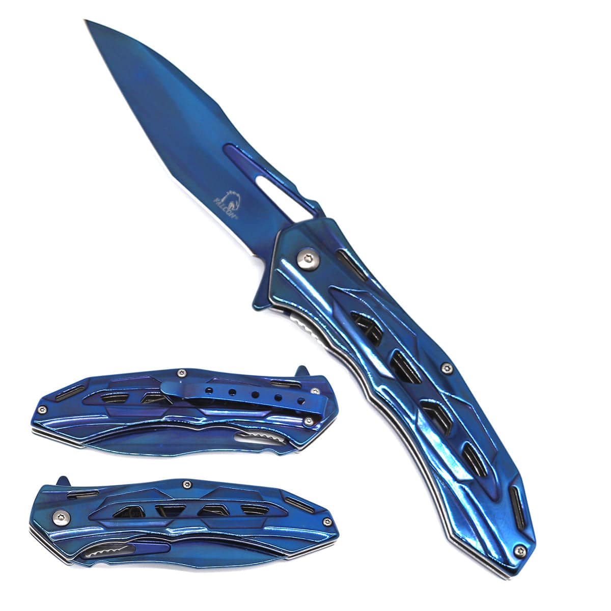 Blue stainless steel Rex Distributor KS 3626-BL folding pocket knife with belt clip, spring-assisted tactical knife for self-defense.