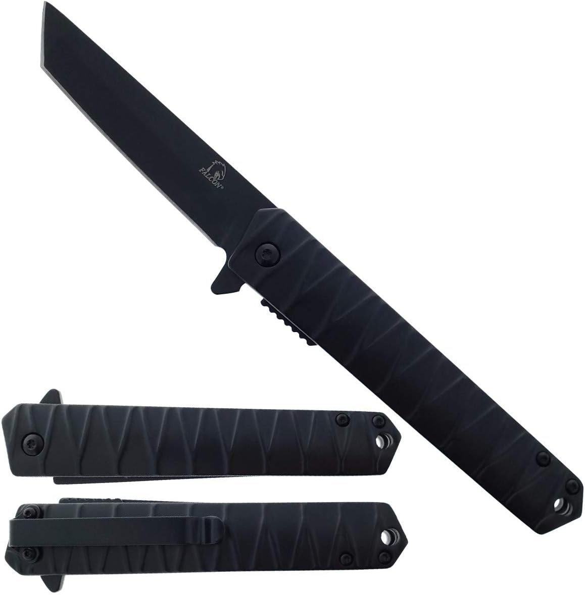 Rex Distributor black 4.75-inch heavy-duty Tanto blade folding pocket knife with assist-open tactical design.