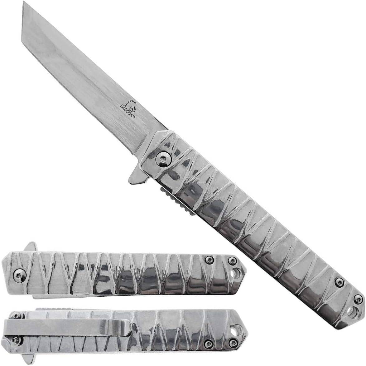 Chrome heavy-duty Tanto blade folding pocket knife by Rex Distributor, Inc., spring-assisted tactical knife with open assist feature.