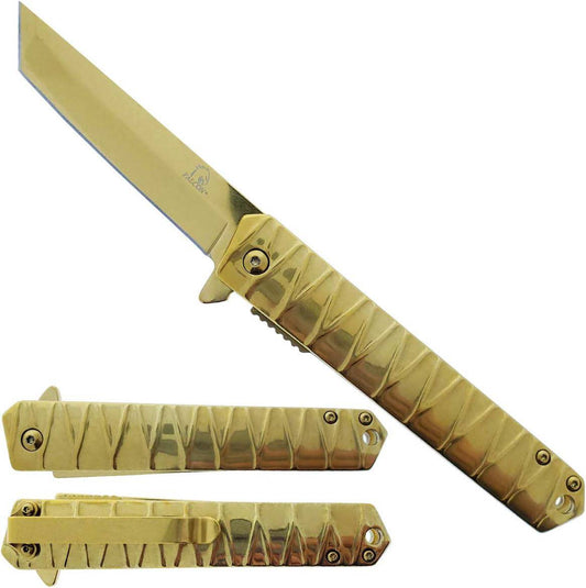 Gold heavy-duty Tanto blade folding tactical knife by Rex Distributor, Inc., with spring-assisted open and durable build.