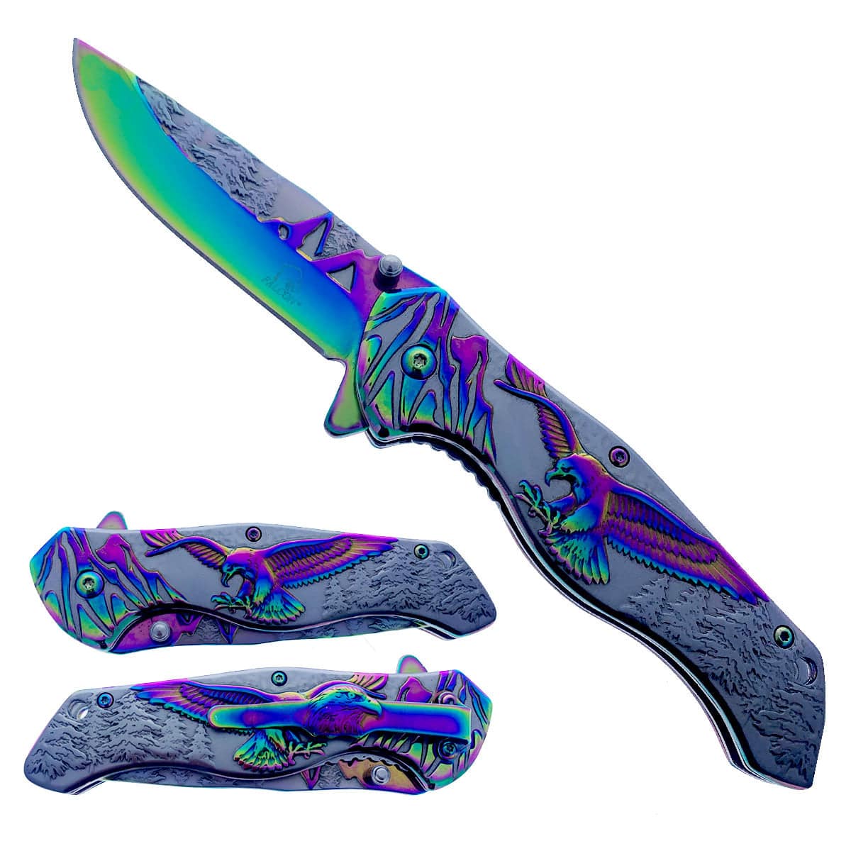 Rex Distributor 4.75-inch titanium rainbow eagle spring assisted tactical pocket knife with open assist mechanism and detailed blade design.