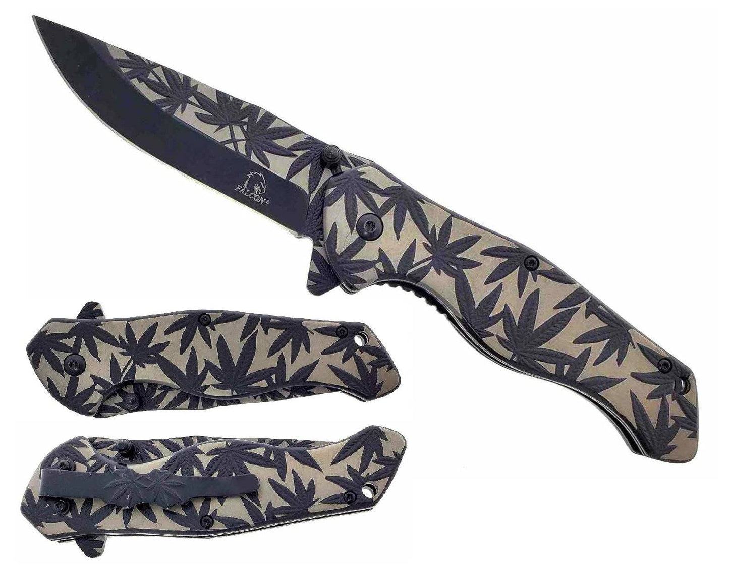 Titanium black marijuana leaf pocket knife with spring-assisted open mechanism, tactical design from Rex Distributor, Inc.