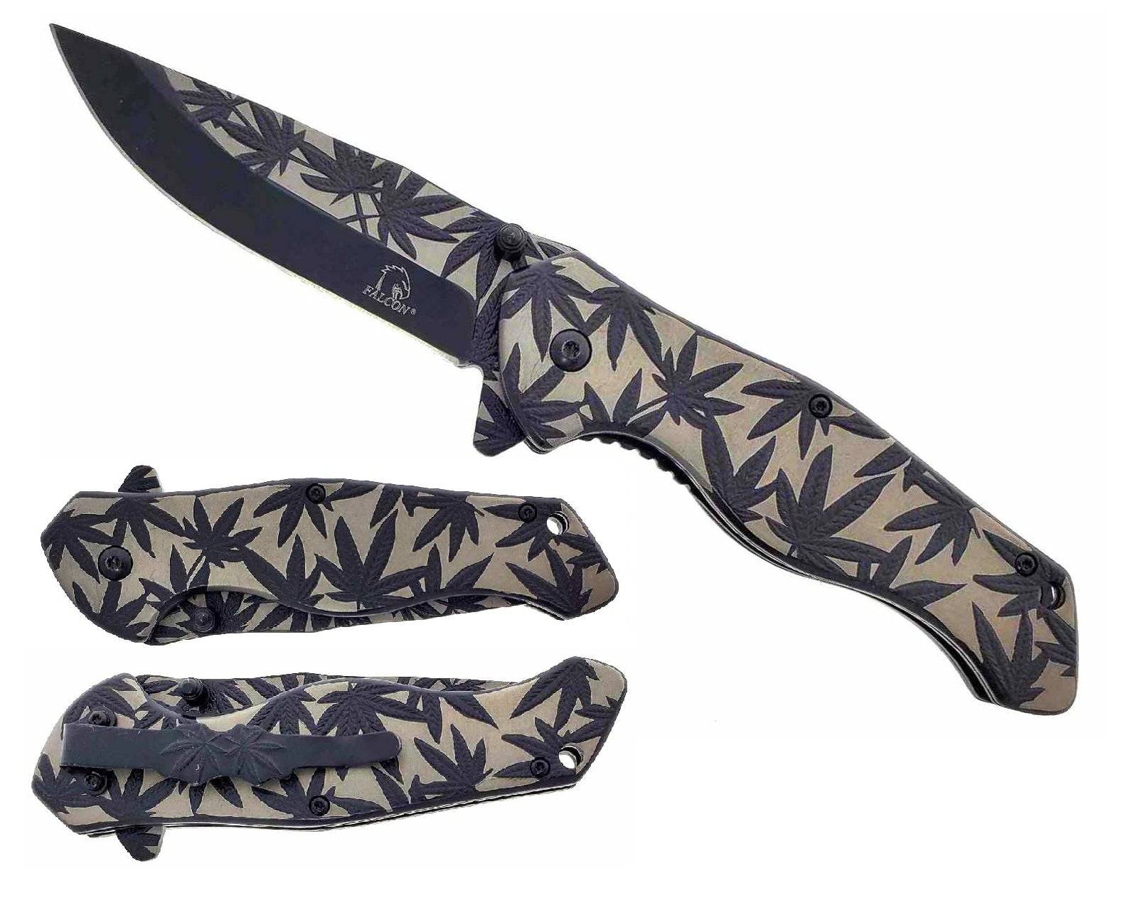 Titanium black marijuana leaf pocket knife with spring-assisted open mechanism, tactical design from Rex Distributor, Inc.