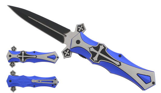 Blue and silver Rex Distributor folding pocket knife with a cross-shaped metal handle and assist-open mechanism.