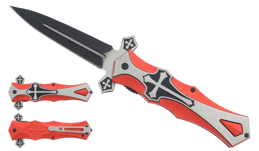 Red and silver Rex Distributor folding pocket knife with a metal handle and assist open mechanism, 5-inch blade.