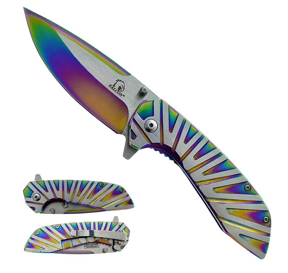 Rainbow stainless steel Rex Distributor KS 5565-RB tactical folding pocket knife with Egyptian wing design and spring-assisted mechanism.