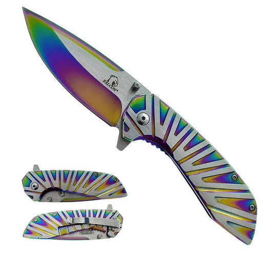 Rainbow stainless steel Rex Distributor KS 5565-RB tactical folding pocket knife with Egyptian wing design and spring-assisted mechanism.