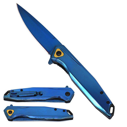 Blue titanium folding pocket knife with spring-assisted open mechanism, tactical design, and black handle by Rex Distributor Inc.