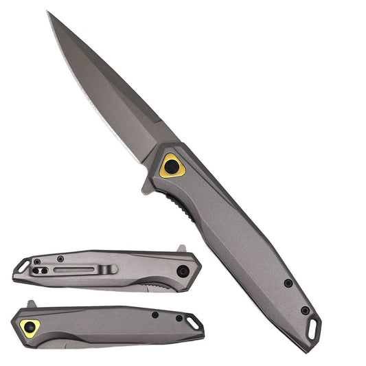 Rex Tactical Grey Assist-Open Titanium Folding Pocket Knife with 4.5-inch blade, spring-assisted open, in a tactical design.