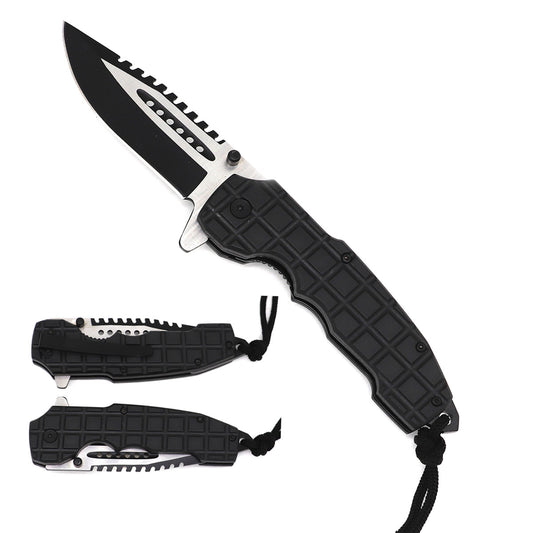Black Rex Distributor tactical folding knife with assist-open mechanism, 5-inch blade, and attached paracord.