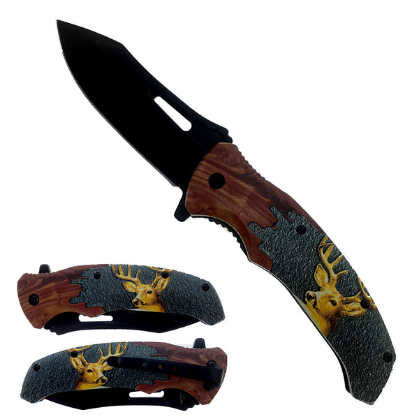 KS 6309-DR 4.5" Black Blade Deer Handle Assist Open  Folding Knife