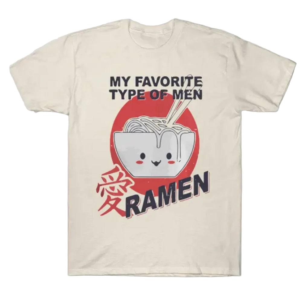 Women’s beige distressed graphic T-shirt by Mighty Fine featuring a Ramen design, casual fit, and junior’s favorite style.