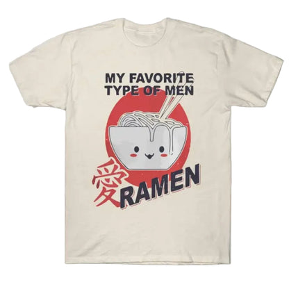 Women’s beige distressed graphic T-shirt by Mighty Fine featuring a Ramen design, casual fit, and junior’s favorite style.