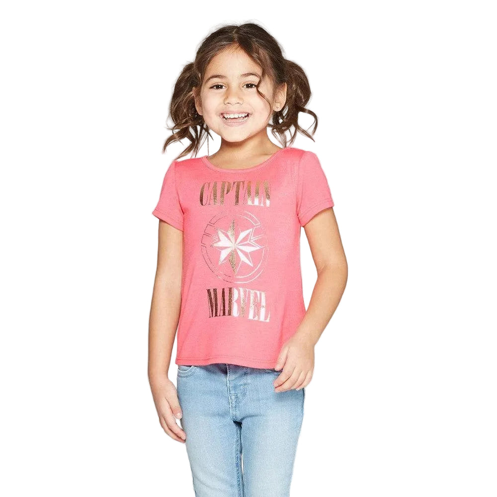 Pink toddler girls' Captain Marvel short sleeve T-shirt by Rex Distributor, Inc. featuring a colorful Marvel graphic design.