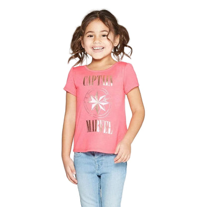 Pink toddler girls' Captain Marvel short sleeve T-shirt by Rex Distributor, Inc. featuring a colorful Marvel graphic design.