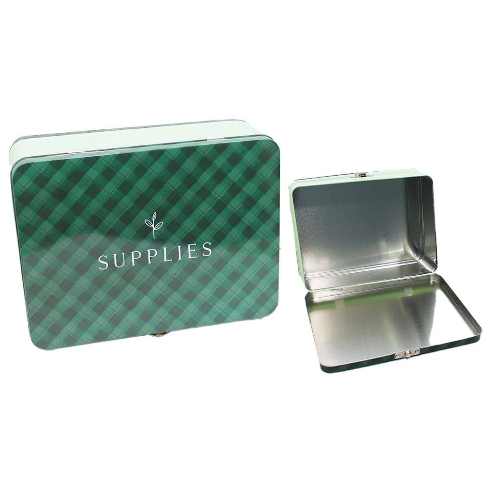Green checkered supplies tin box tote from 1canoe2 Freckled Hen Collection, featuring a sturdy metal design by Rex Distributor, Inc.