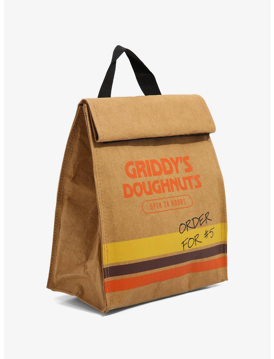 The Umbrella Academy Griddy's Doughnuts Lunch Sack by Rex Distributor, Inc. with colorful doughnut design on a fabric bag.