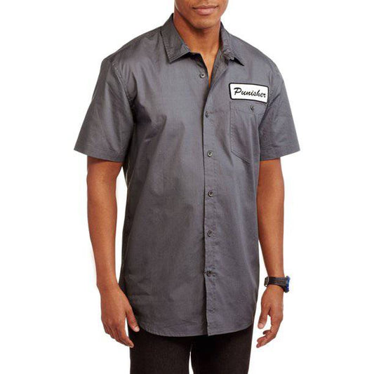 Men's Marvel Comics Punisher One Man Army button-up work shirt by Mad Engine, featuring Punisher graphic and casual fit.