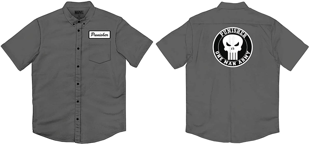 Men's Marvel Comics Punisher One Man Army Button Up Work Shirt - Rex Distributor, Inc. Wholesale Licensed Products and T-shirts, Sporting goods,