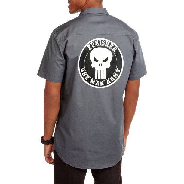 Men's Marvel Comics Punisher One Man Army Button Up Work Shirt - Rex Distributor, Inc. Wholesale Licensed Products and T-shirts, Sporting goods,