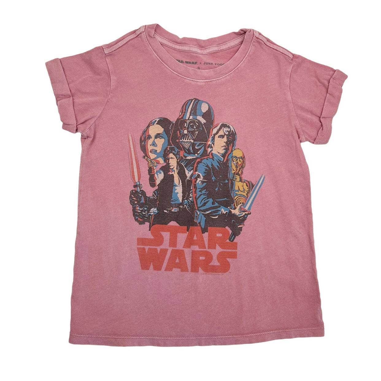 Girl's pink faded Star Wars graphic tee with rolled sleeves, casual retro shirt from Rex Distributor Inc.