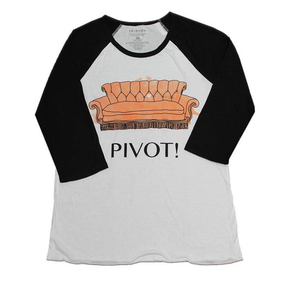 Women's Junior's Raglan Friends Pivot watercolor graphic T-shirt, white Rex Distributor, Inc. casual shirt with colorful print.