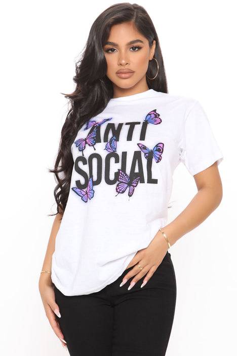 Women's Remaining Anti Social Butterfly Top White Tee T-Shirt - Rex Distributor, Inc. Wholesale Licensed Products and T-shirts, Sporting goods,