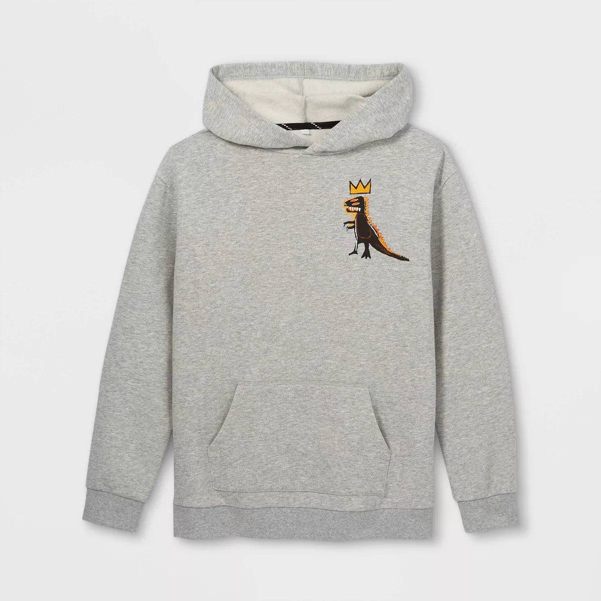 Gray boys' Jean-Michel Basquiat dino graphic sweatshirt with pullover hoodie, featuring colorful dinosaur artwork and casual fit.