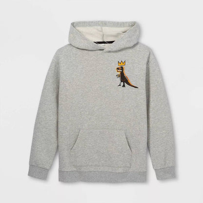 Gray boys' Jean-Michel Basquiat dino graphic sweatshirt with pullover hoodie, featuring colorful dinosaur artwork and casual fit.