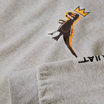 Boys' gray Jean-Michel Basquiat Dino graphic sweatshirt hoodie by Rex Distributor, Inc., featuring a colorful dinosaur print on the front.