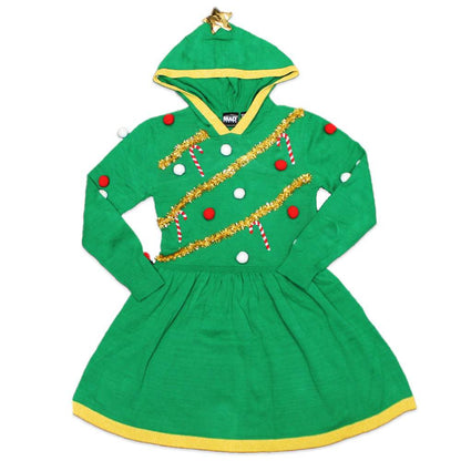 Girls Christmas Tree Fuzzy Ornament Pullover Dress with Hood, made by Rex Distributor Inc., featuring festive green design and cozy fabric.