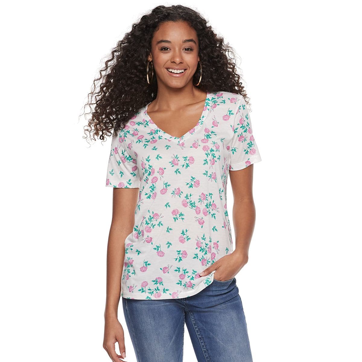 Women's Juniors Flower Print V-neck Tee T-Shirt - Rex Distributor, Inc. Wholesale Licensed Products and T-shirts, Sporting goods,