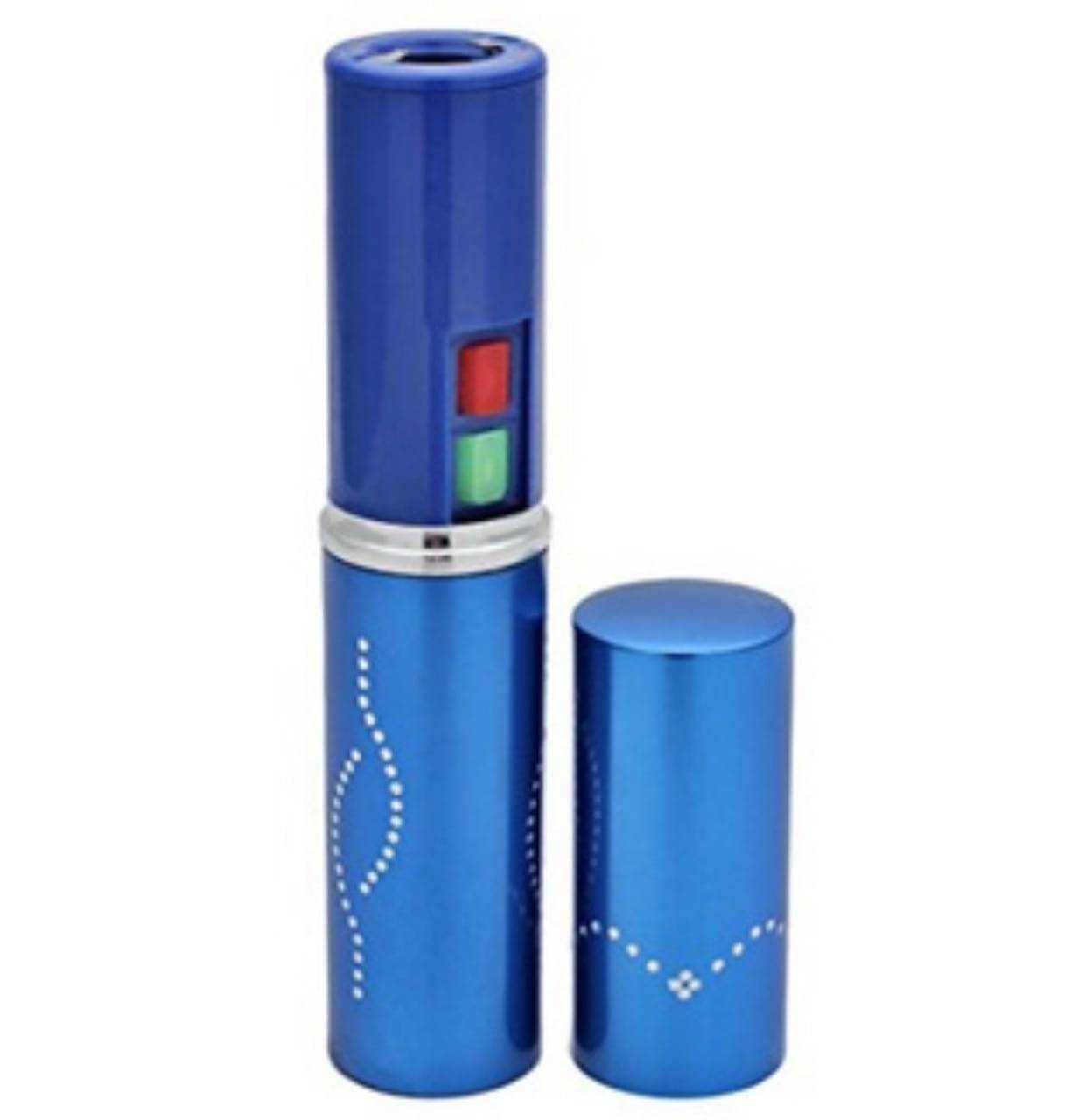 Blue lipstick-shaped stun gun with flashlight, self-defense device by Rex Distributor, Inc., designed to look like a stylish lipstick.