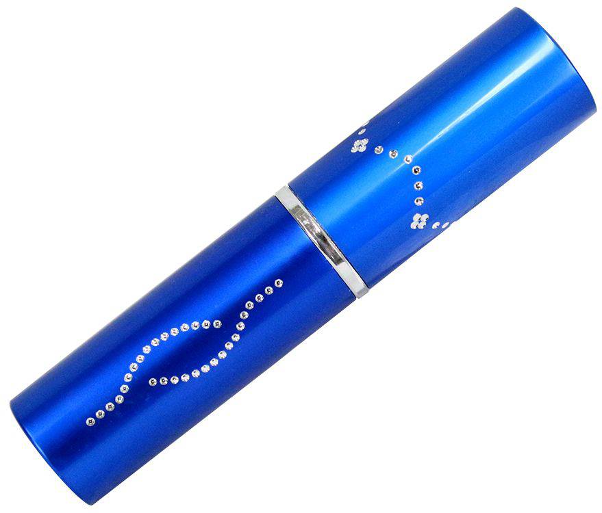 Blue lipstick-shaped stun gun with flashlight, self-defense device from Rex Distributor, Inc., designed to resemble a stylish lipstick.