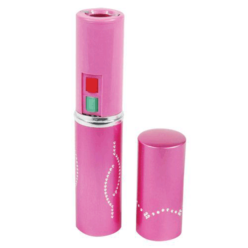 Pink lipstick-shaped stun gun with built-in flashlight, designed for self-defense, from Rex Distributor Inc.