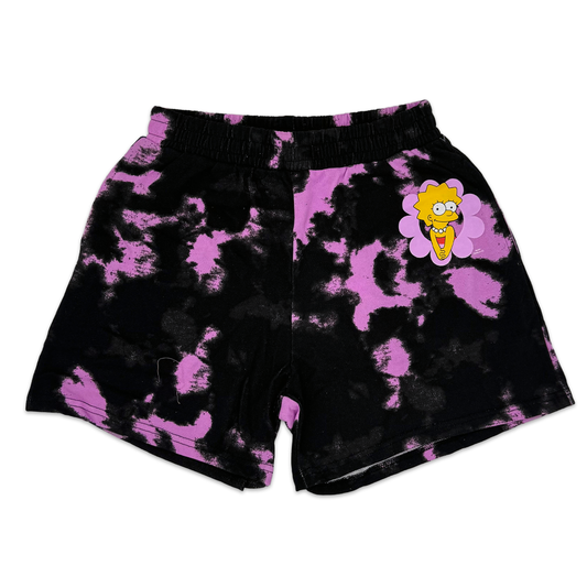 Black and pink tie-dye The Simpsons Lisa flower graphic sweat shorts for women and juniors by Mad Engine, featuring vibrant cartoon design.