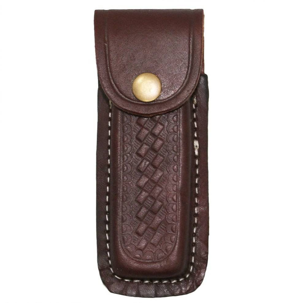 Brown leather knife case sheath for 5-inch blades, designed for secure storage and easy access, by Rex Distributor, Inc.