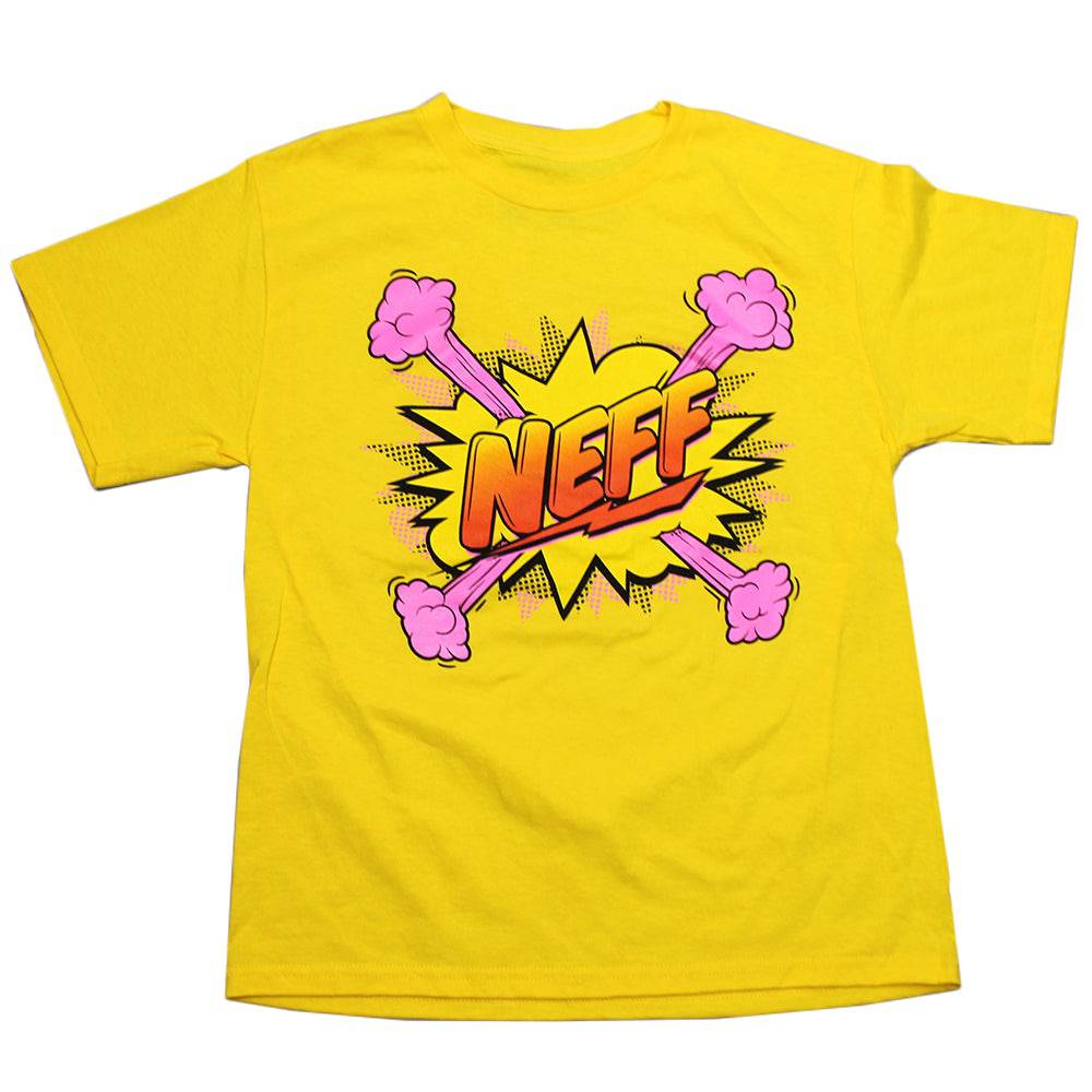 Boys youth Neff yellow graphic T-shirt with comic logo design, casual short-sleeve shirt for kids.