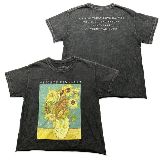 Women Junior's Black Acid Wash Vincent Van Gogh Sunflower Crop Top T-Shirt