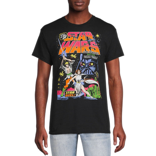 Men's black Star Wars Star Duel graphic T-shirt with short sleeves, featuring sci-fi design and bold imagery.