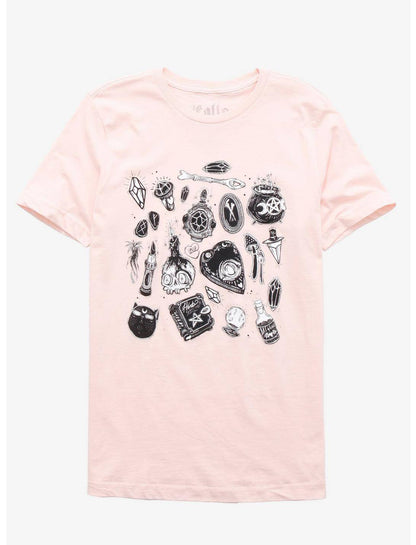 Women's pink witch graphic T-shirt by Lolle, boyfriend fit, featuring bold witch design, casual shirt for women from Rex Distributor.