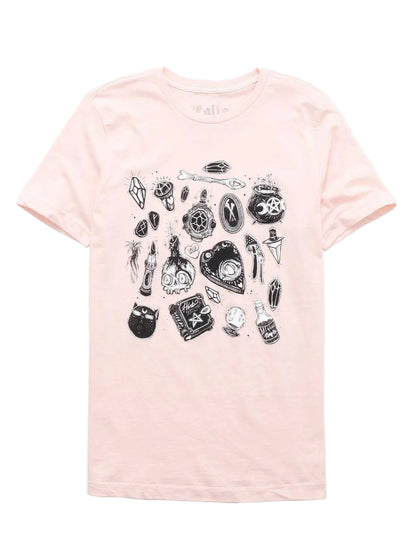 Women's pink Witch boyfriend fit graphic T-shirt by Lolle featuring witch design, casual style, from Rex Distributor, Inc.