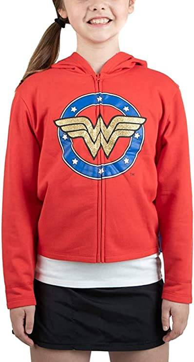 Youth girls' Wonder Woman hoodie sweatshirt with cape, featuring superhero design and comfortable fit from Rex Distributor, Inc.
