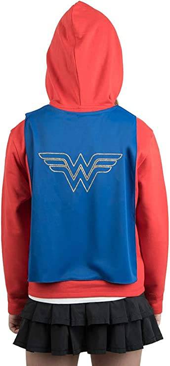 Youth girls' Wonder Woman hoodie sweatshirt with cape, featuring superhero design and comfortable fit from Rex Distributor, Inc.