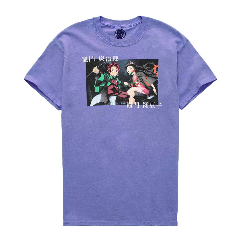 Men's Purple Heather Demon Slayer Tanjiro Nezuko Duo Kanji Box Tee T-Shirt
