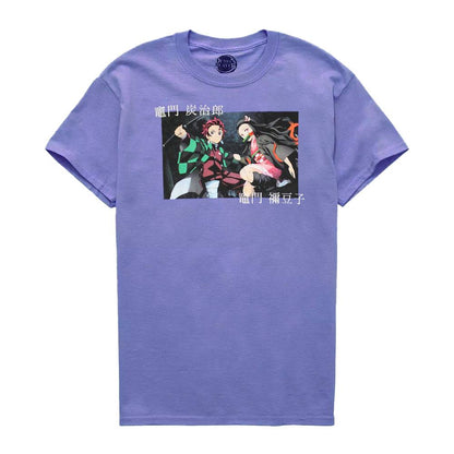 Men's purple Heather Demon Slayer Tanjiro and Nezuko duo Kanji box T-shirt by Rex Distributor, Inc., featuring anime character print.