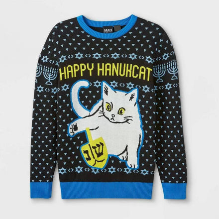 Boy's Youth Black Blue Happy Hanukkah Cat Sweater Pullover - Rex Distributor, Inc. Wholesale Licensed Products and T-shirts, Sporting goods,